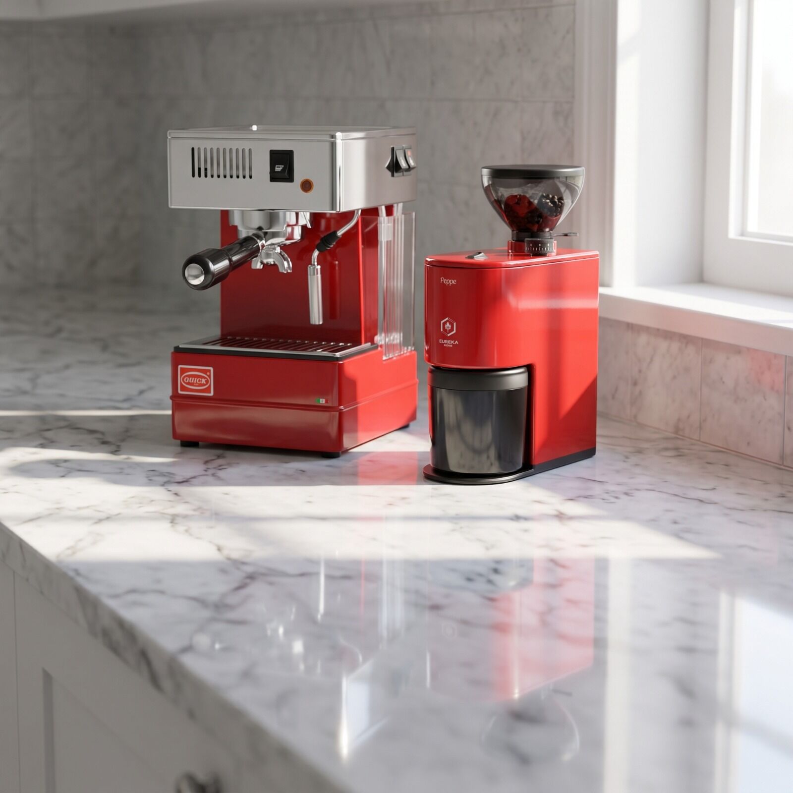 Quick Mill Stretta Espresso Makinesi & PEPPE Kahve Öğütücüsü Kırmızı Set