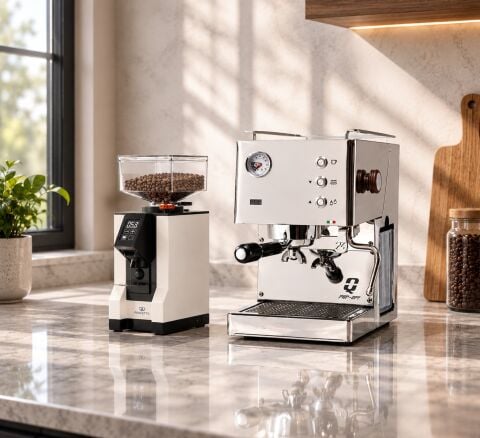 Quick Mill Pop-Up Espresso Makinesi Inox & Eureka Mignon Perfetto Kahve Öğütücüsü 15BL Beyaz Set