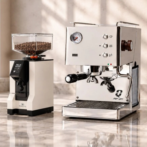 Quick Mill Pop-Up Espresso Makinesi Inox & Eureka Mignon Perfetto Kahve Öğütücüsü 15BL Beyaz Set