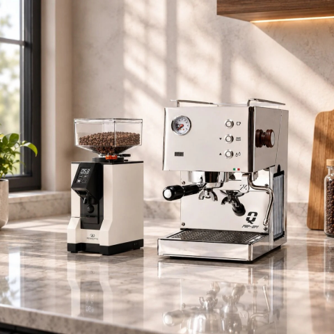 Quick Mill Pop-Up Espresso Makinesi Inox & Eureka Mignon Perfetto Kahve Öğütücüsü 15BL Beyaz Set