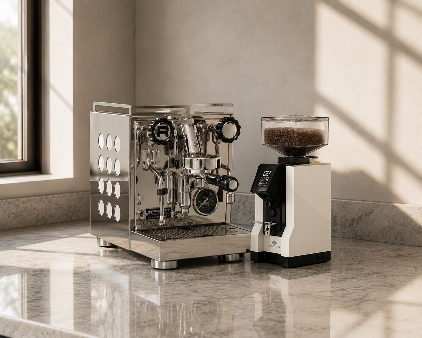 Rocket Appartamento 2.0 White Espresso Makinesi & Eureka Mignon Specialita Kahve Öğütücüsü 15BL Beyaz Set